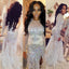 Round Neck Sparkle Rhinestone Beaded Long Mermaid Sheer Prom Dresses With Feather, BG0293