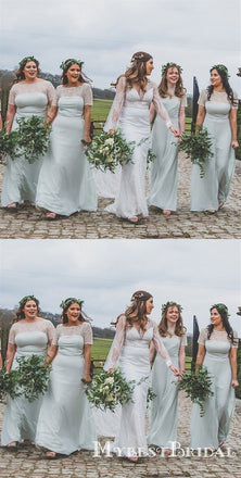 Round Neck Short Sleeve A Line Chiffon Long Bridesmaid Dresses With Lace, TYP0036