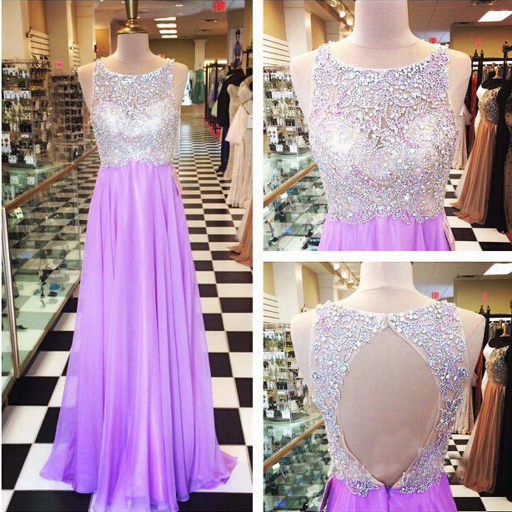 Round Neck Rhinestone Beaded Light Purple Long A-line Chiffon Prom Dresses, BG0295