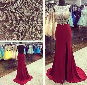 Scoop Neckline Rhinestone Sheer Top Backless Burgundy Jersey Side Slit Prom Dresses, BG0296