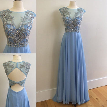 Elegant Round Neck Rhinestone Top Sheer Long Chiffon Prom Dresses, BG0297