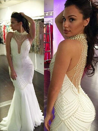 Luxury Pearl Sexy See Through Long Mermaid Tulle Prom Dresses, BG0298