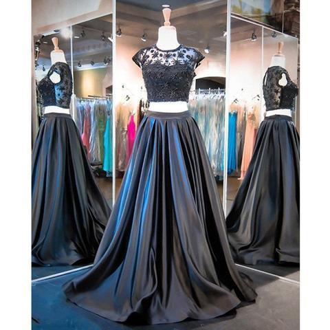 Two Pieces Black Beaded Satin Cap Sleeve Long A-line Prom Dresses, BG0299