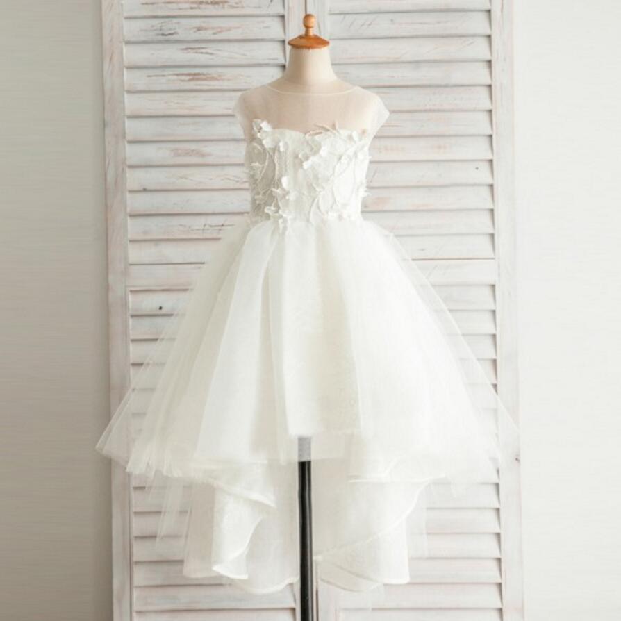 Fashion Hi-low Lovely Appliques Cap Sleeve  Open Back See-through Tulle Flower Girl Dresses, FGY0118
