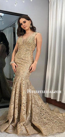 Popular Lace Mermaid V-neck Long Prom Dresses, BG0395