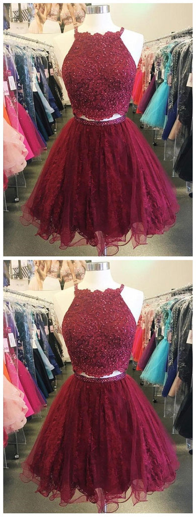 Two Piece Cheap Short Lace Beaded Dark Red Homecoming Dresses 2018, BDY0254