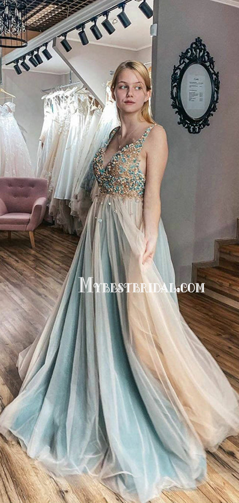 Charming V-neck Tulle Prom Dress With Lace Split ,Cheap Prom Dresses,PDY0401