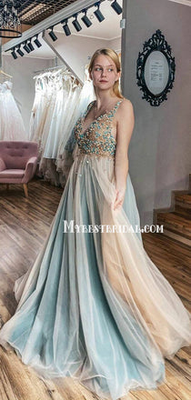 Charming V-neck Tulle Prom Dress With Lace Split ,Cheap Prom Dresses,PDY0401