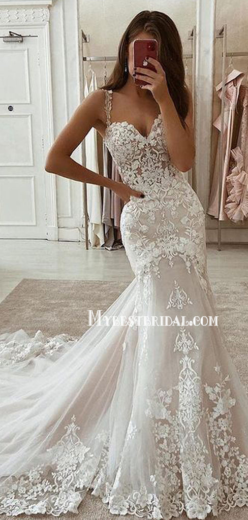 Spaghetti Straps Lace Mermaid Cheap Wedding Dresses Online, WDY0235