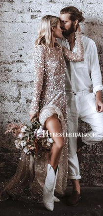 Sparkly Scoop Neck Long Sleeve Open Back Long Cheap Wedding Dresses, WDS0002