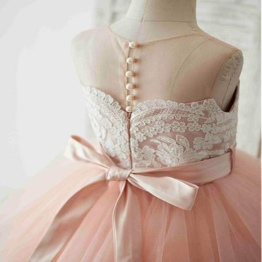 Unique Tulle & Satin Jewel Neckline Knee-length Ball Gown Flower Girl Dresses With Belt & Beadings, FGY0153