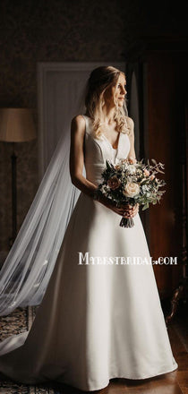 Simple Vintage V-neck Satin A-line Winter Wedding Dresses Online,WDY0242