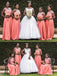 Peach Mismatched Lace Bodice Long Chiffon Cheap Bridesmaid Dresses Online, WGY0315