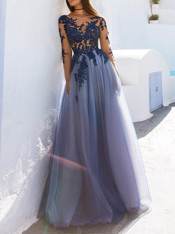 Sexy See Through Blue Lace Long Sleeve Open Back Custom Long Evening Prom Dresses , PDY0173