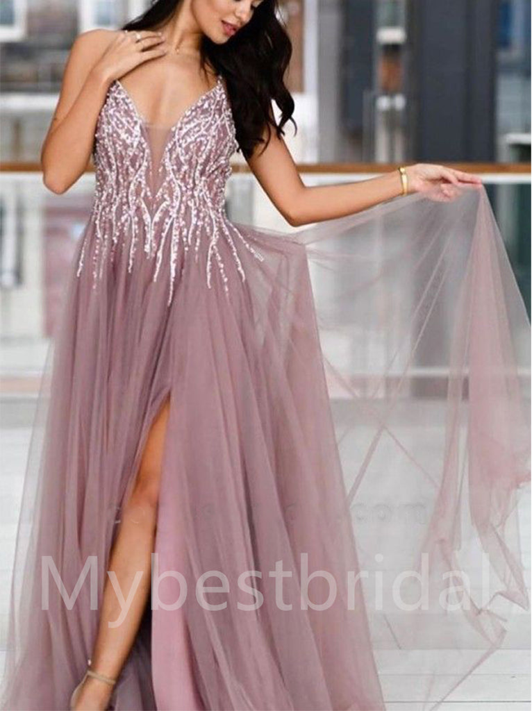 Sexy Deep V-neck Side slit A-line Prom Dresses,PDS0574