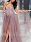 Sexy Deep V-neck Side slit A-line Prom Dresses,PDS0574