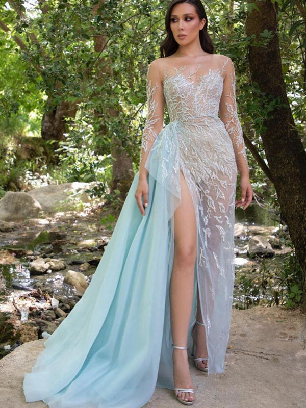 Charming See-through Mermaid Side Slit Tulle Long Prom Dresses, PDS0189