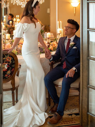 New Arrival Mermaid Short Sleeve Cheap Long Wedding Dresses, WDS0065