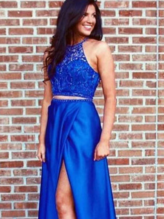 Two Piece Split Royal Blue Lace Prom Dress With Beading,Cheap Prom Dresses ,PDY0367