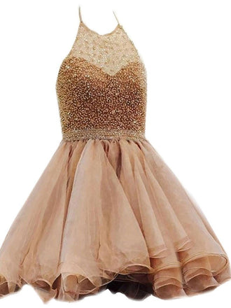 Halter Beaded Organza Short Cheap Homecoming Dresses 2018, BDY0208