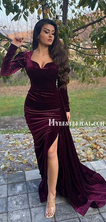 Sexy Burgundy V-neck Side Slit Velve Evening Long Prom Dresses Online,PDY0119