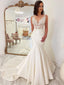Simple V Neck Mermaid Lace Satin Cheap Wedding Dresses, WDY0267