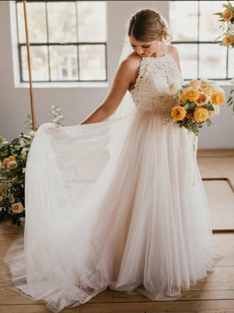 Stunning A-Line Round Neck Sweep Train Tulle Lace Long Wedding Dresses, Bridal Dress WDY0164