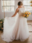 Stunning A-Line Round Neck Sweep Train Tulle Lace Long Wedding Dresses, Bridal Dress WDY0164