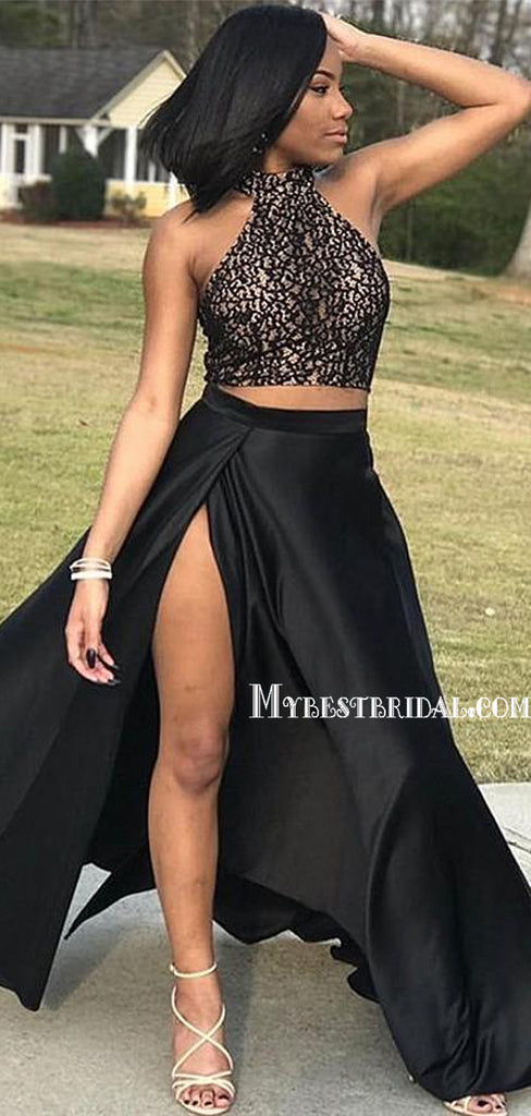 2 Pieces Lace Top Prom Dresses, Front Slit Prom Dresses, Satin Prom Dresses, Long Prom Dresses, BG0391