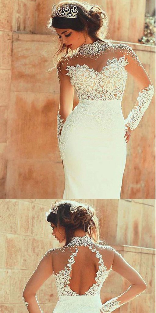 High Neckline Sheath Wedding Dresses With Beaded Lace Appliques, Dresses For Wedding Party ,WDY0162