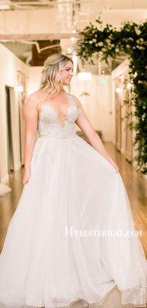 Sexy V-neck A-line Lace Tulle Long Wedding Dresses Online, WDS0080