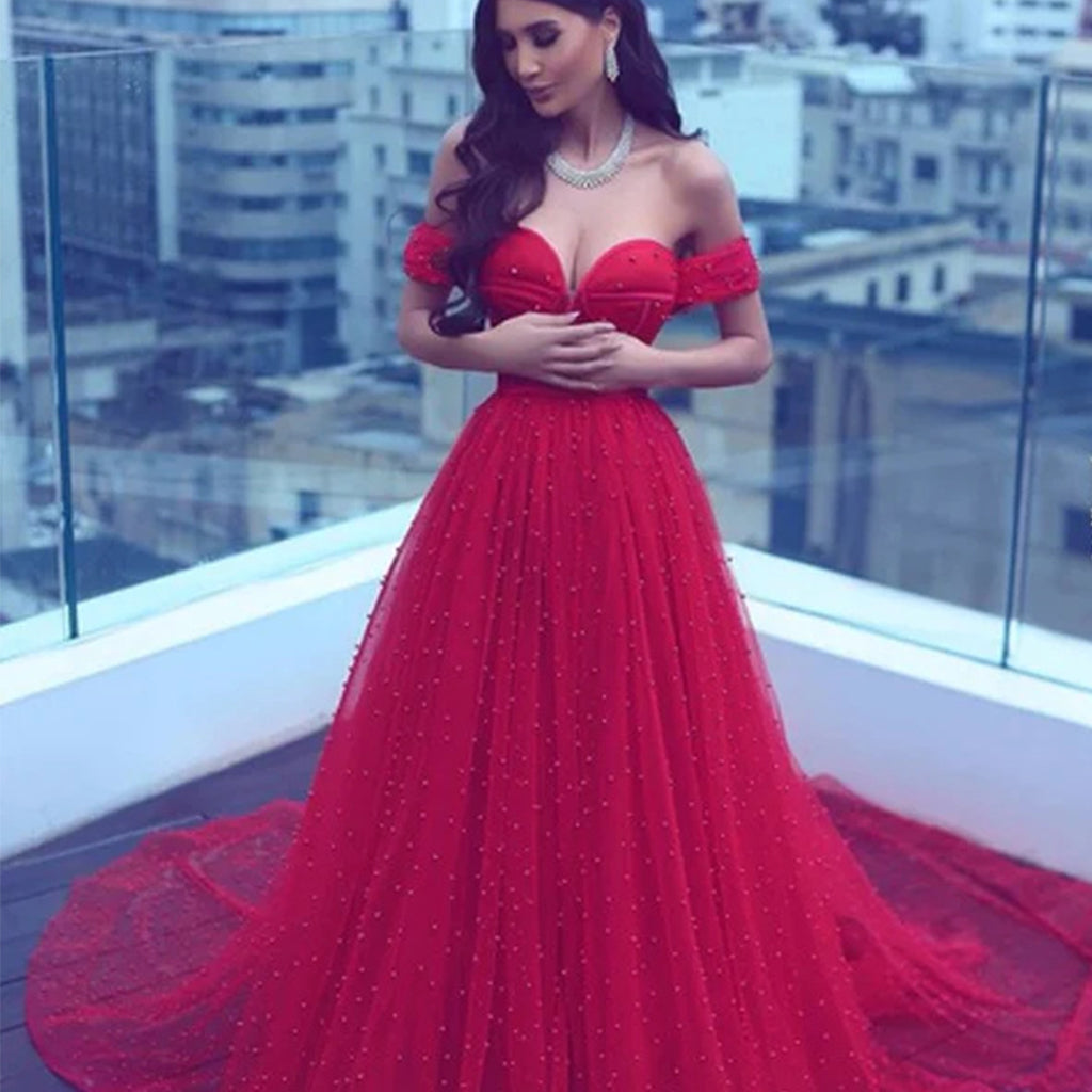 A-Line Off-the-Shoulder Court Train Dark Red Tulle Prom Dress With Beading ,Wedding Dress,Party Dresses,PDY0325