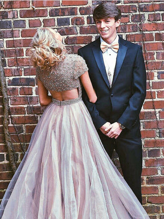 Short Sleeves Beaded Long A-line Prom Dresses, Cheap Prom Dresses, BG0444