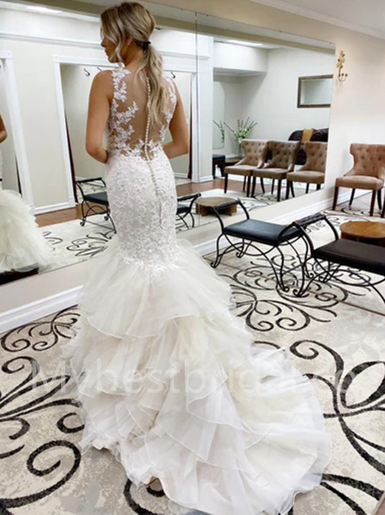 Elegant V-neck Sleeveless Mermaid lace applique Wedding Dresses, WDY0282