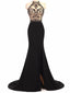 Black Beaded Jersey Sexy See Through Side Slit Mermaid Prom Dresses, BG0357