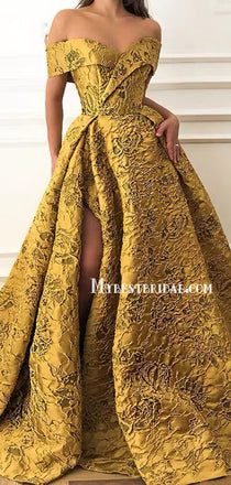 Vintage Off-shoulder A-line Golden Ball Gown Long Prom Dresses, PDS0239