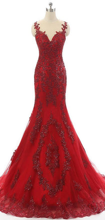 Red Tulle Lace Rhinestone Luxury Real Made Long Prom Dresses, BG0078