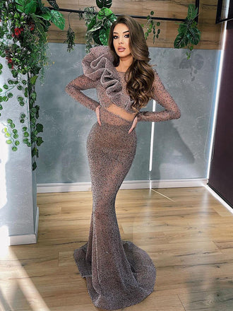 Sparkly Mermaid Long Sleeve Vintage Long Prom Dresses, PDS0242