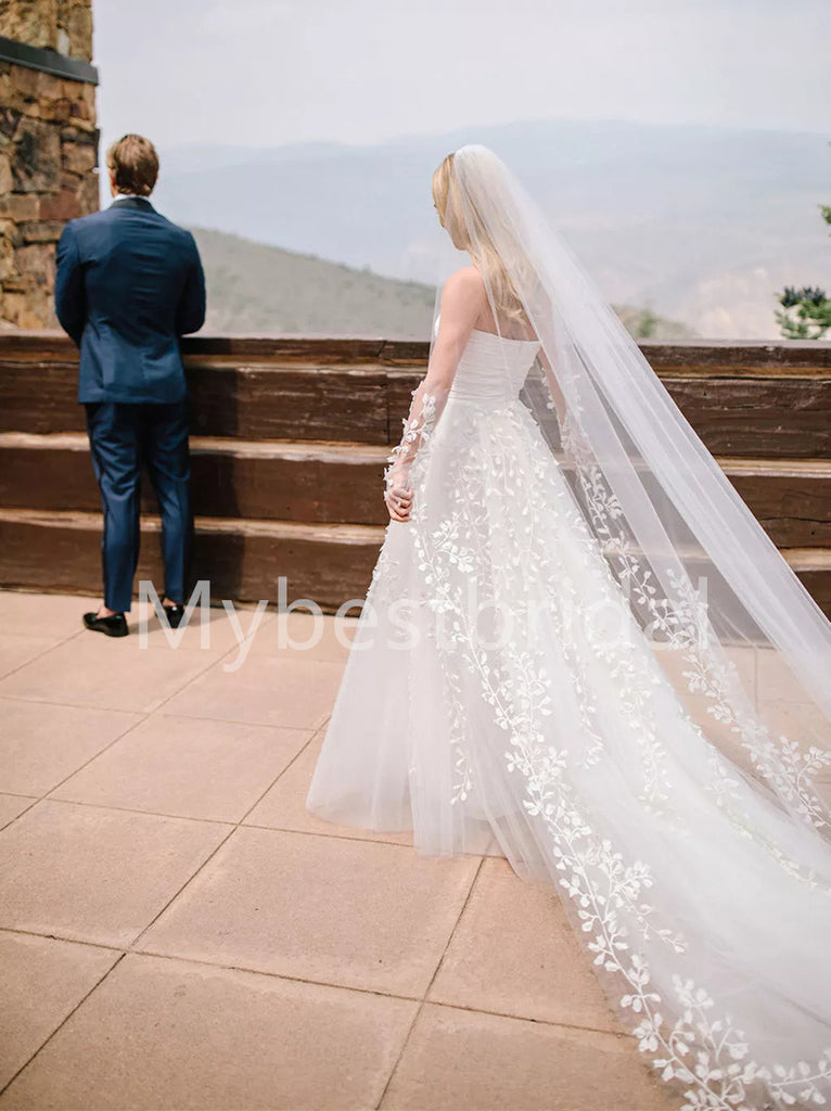 Elegant Strapless A-line Lace applique Wedding Dresses, WDY0259