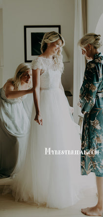 Newest Short Sleeve A-line Lace Tulle Simple Long Wedding Dresses, WDS0078