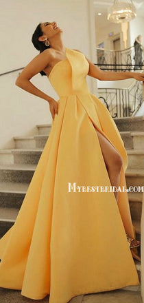 Yellow Straight A-line Satin Simple Long Prom Dresses, BG0260