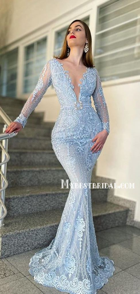 Popular Deep V-neck Long Sleeve Lace Beads Evening Long Prom Dresses,PDY0145