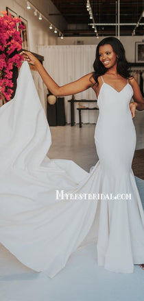 Spaghetti Strap Sleeveless Simple Mermaid Summer Beach Wedding Dresses , PDY0122