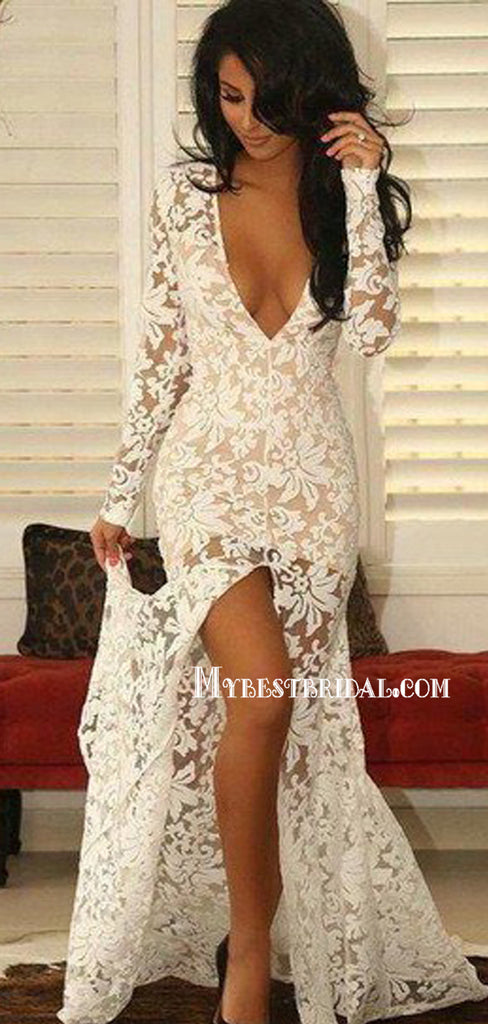 Deep V-Neck Long Sleeve See Through White Lace Front Slit Sexy Prom Dresses, BG0325