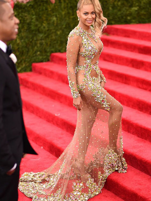 beyonce sheer mesh dress Beyonce Met Red Carpet von maur evening dresses with Sheer Beading, Sweep Train, and Backless