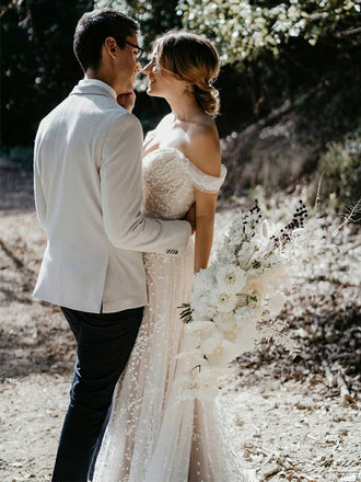 Off Shoulder Lace Appliqued Tulle A-line Long Cheap Wedding Dresses, WDS0061