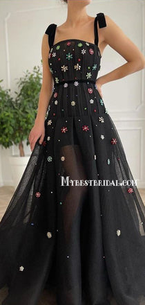 Newest Spaghetti Strap A-line Black Simple Long Prom Dresses, PDS0192