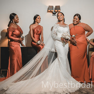 Mismatched One-shoulder Pleats Mermaid Sleeveless Bow knot Elegant Simple Long Bridesmaid Dresses,BDS0193