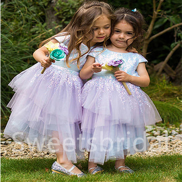 Lovely Tulle Sequin A-line Long Cheap Flower Girl Dresses, FGS0026