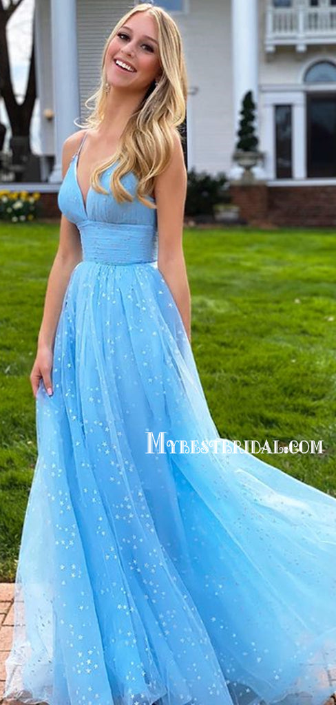 Chic A-Line V-neck Tulle Sleeveless Floor-length Evening Party Prom Dresses,PDY0329